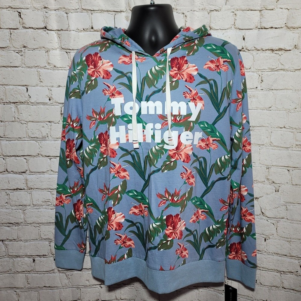 Tommy Hilfiger Men's Sweater Size Medium Blue Floral Printed Hoodie Pull-over